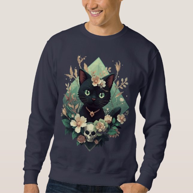 Moletom Gato Preto Floral Arte Crônica com Pixel no Hallow (Frente)