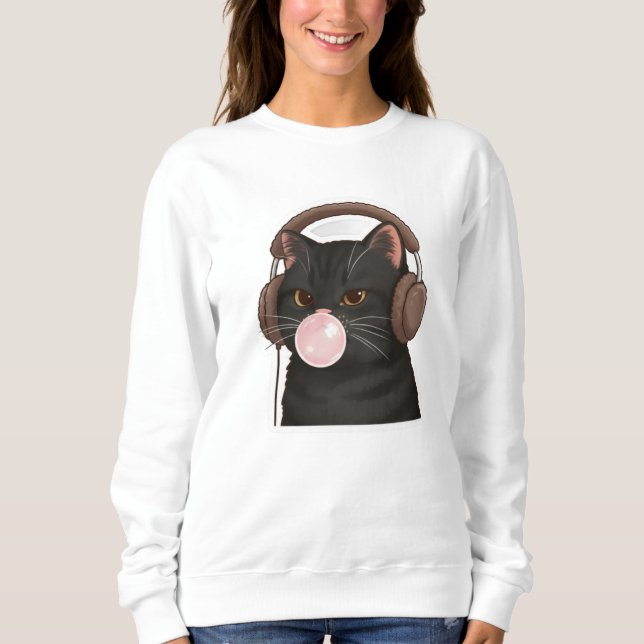 Moletom Gato Preto Fofo com Fones de Ouvido Soprando Chicl (Frente)