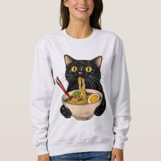 Moletom Gato Preto Kawaii Comendo Ramen Comida Japonesa Fo