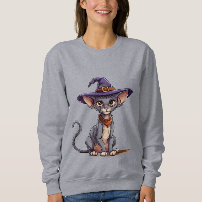 Moletom Gato Sphynx Adorável com Chapéu de Bruxa (Frente)