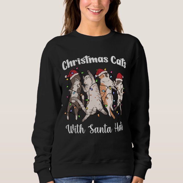 Moletom Gatos de Natal com Chapéus de Papai Noel Fofos e D (Frente)