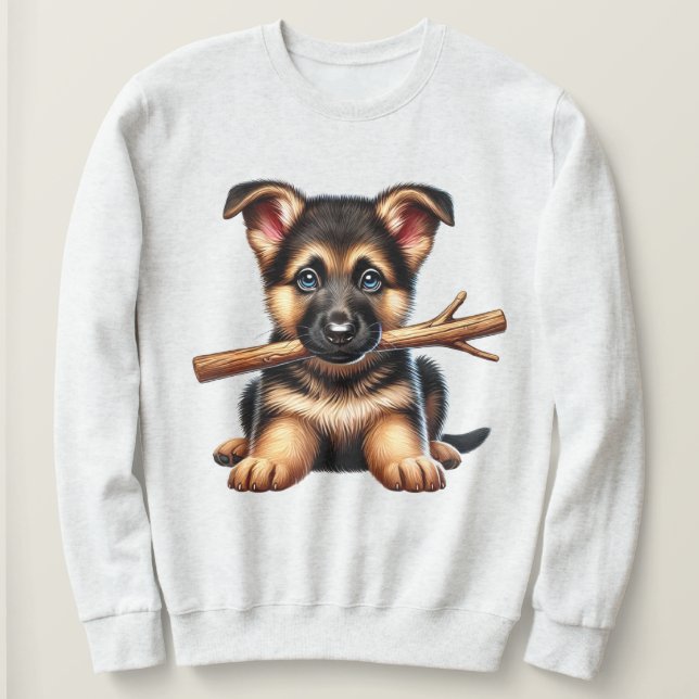 Moletom German shepherd Puppy Segure um pau na boca (Frente do Design)