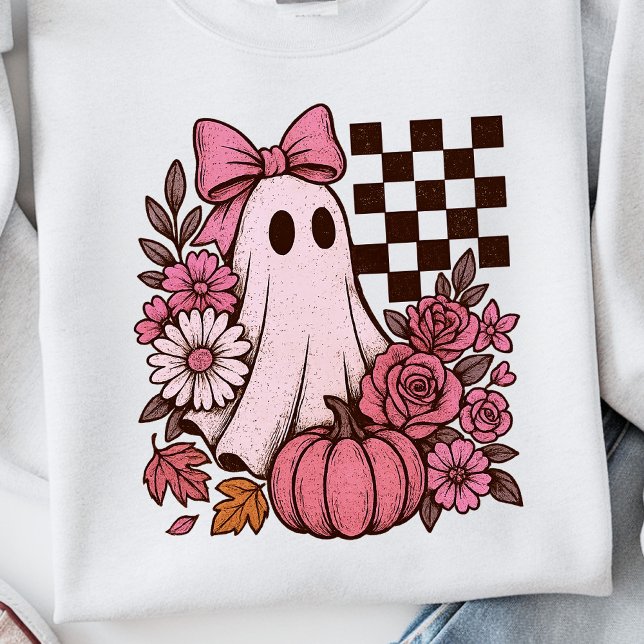 Moletom Ghost Girl retrorada cor-de-rosa com Arco Hallowee (This coquette ghost retro Halloween design combines floral sweetness with spooky spirit.)
