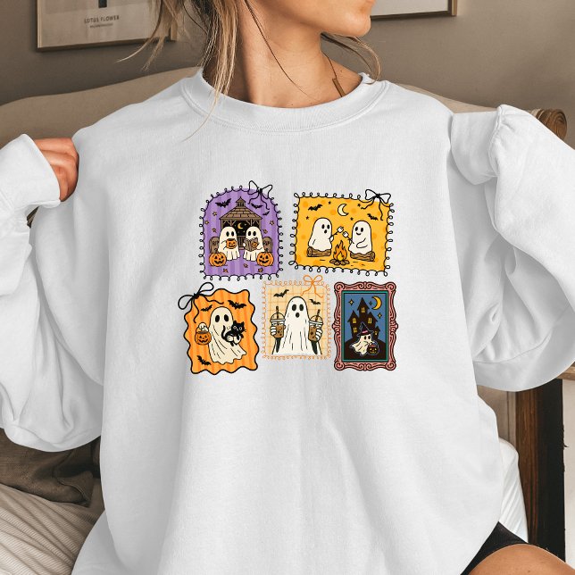 Moletom Ghost Stamps Women’s Halloween Sweatshirt | Cute C (Cute Halloween ghost stamp design)