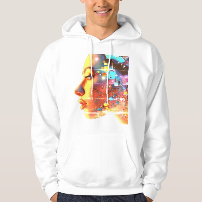 Moletom Glitch in Cyborg Woman on a Cozy Long Sleeve White (Frente)
