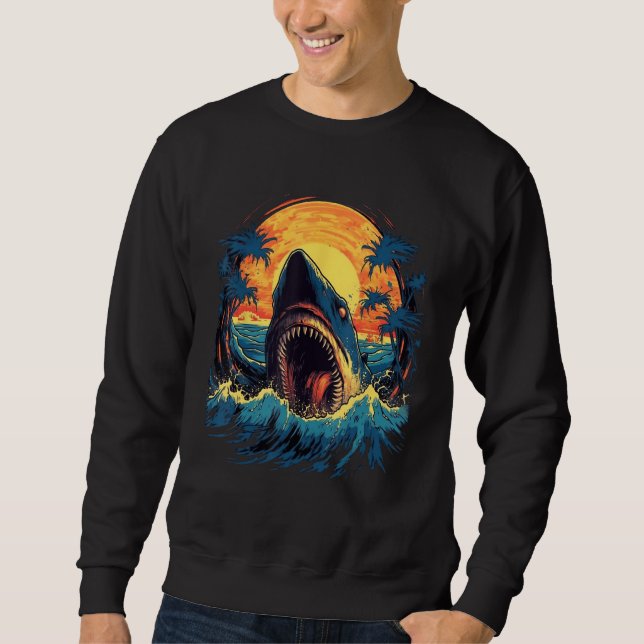 Moletom Great White Shark Palm Trees Sunset Shark  Graphic (Frente)
