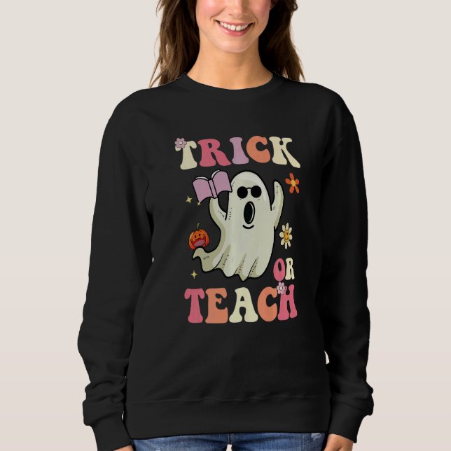 Moletom Groovy Halloween Trick or Teach Retro Floral Ghost (Frente)