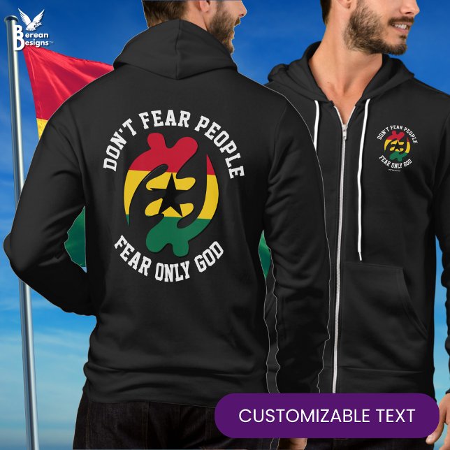 Moletom Gye Nyame Adinkra MEDO APENAS DEUS Christian Ghana (Stylish GYE NYAME zipped hoodie with CUSTOMIZABLE Christian text. Designed with Ghanaian flag.)