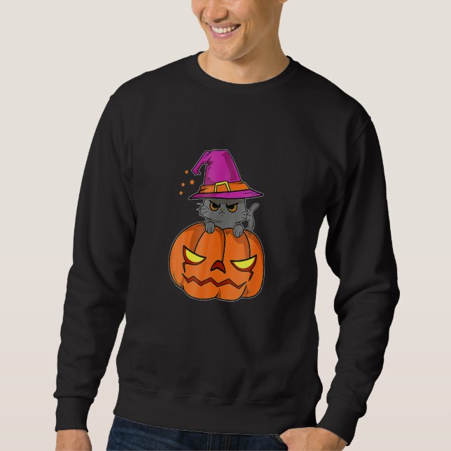 Moletom Halloween Cat Wearing A Witch Hat With Pumpkin For (Frente)