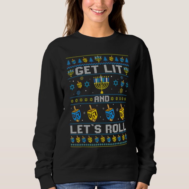 Moletom Hanukkah Ugly Sweater Get Lit and Lets Roll Chanuk (Frente)