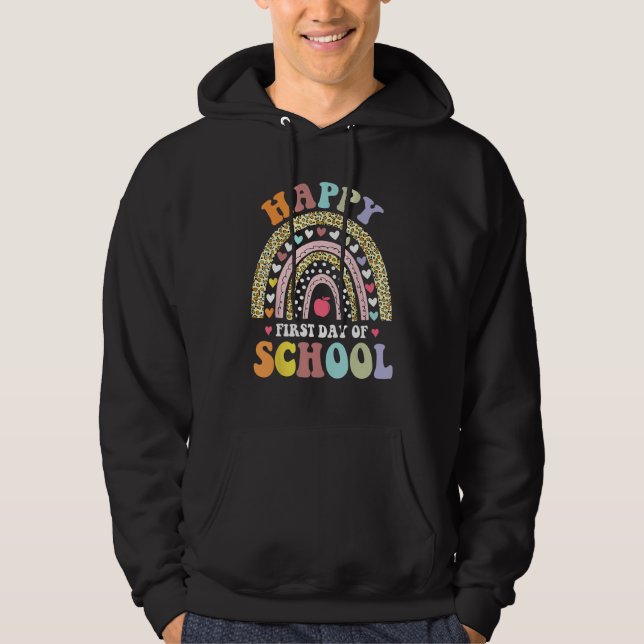 Moletom Happy First Day Of School Rainbow Leopard Teacher  (Frente)
