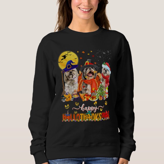 Moletom Happy Hallothanksmas Cute Shih Tzu Wizard Hat Turk (Frente)
