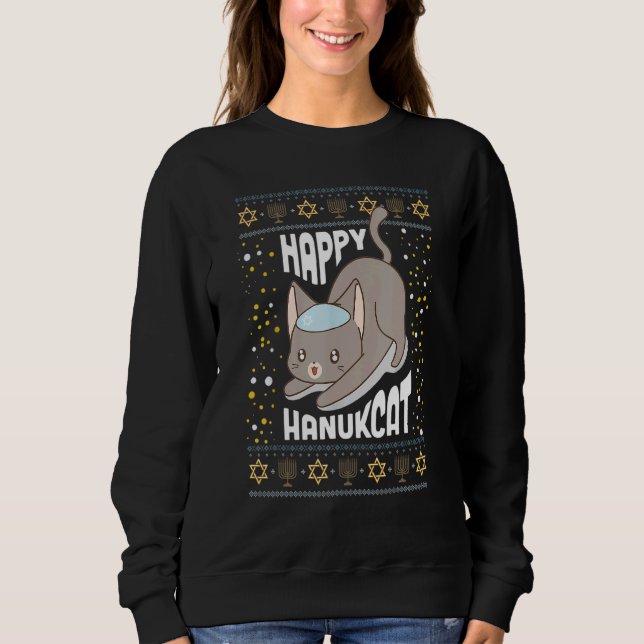 Moletom Happy Hanukcat Cat Hanukkah Ugly Christmas Sweater (Frente)