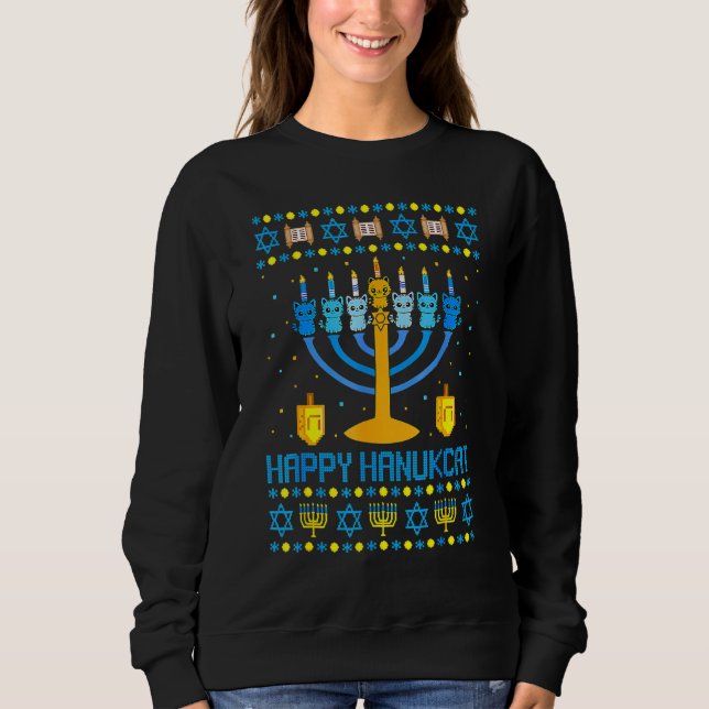 Moletom Happy Hanukcat Ugly Hanukkah Cat Chanukah Jewish U (Frente)