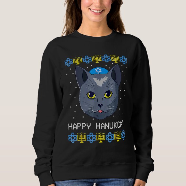 Moletom Happy Hanukcat Ugly Hanukkah Sweater Cat Chanukah  (Frente)