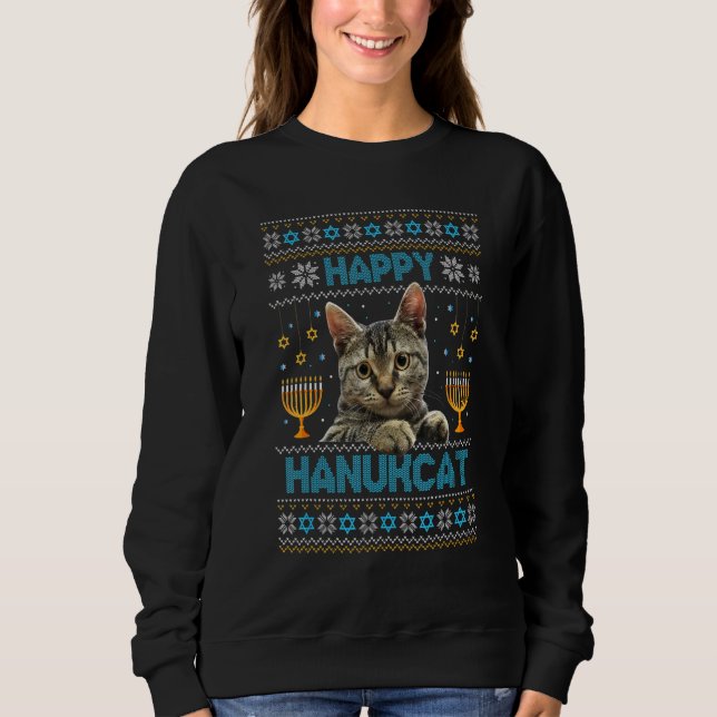 Moletom Happy Hanukcat Ugly Hanukkah Sweater Cat Chanukah  (Frente)