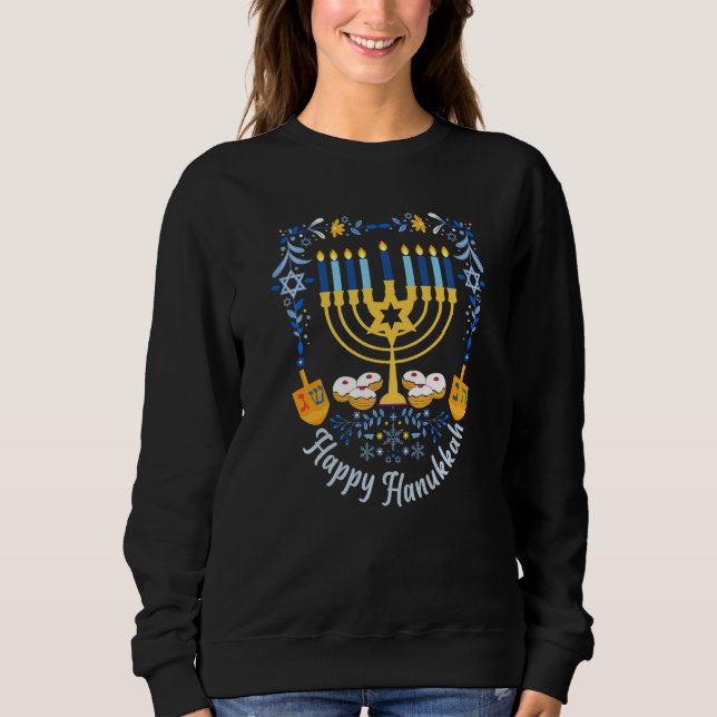Moletom Happy Hanukkah Menorah Dreidel Magen David Jewish  (Frente)