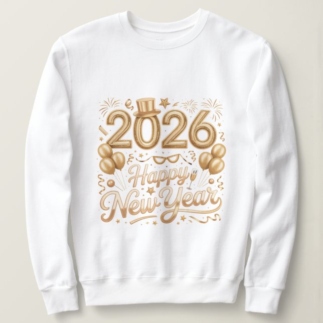 Moletom Happy New Year 2026 Gold Lettering T‑Shirt with Ba (Frente do Design)