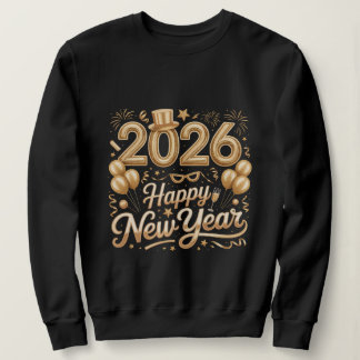 Moletom Happy New Year 2026 Gold Lettering T‑Shirt with Ba
