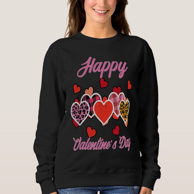 Moletom Happy Valentines Day Leopard Plaid Hearts Women Gi (Frente)