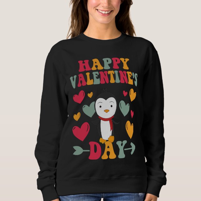Moletom Happy Valentines Day Penguin Heart Love Groovy (Frente)