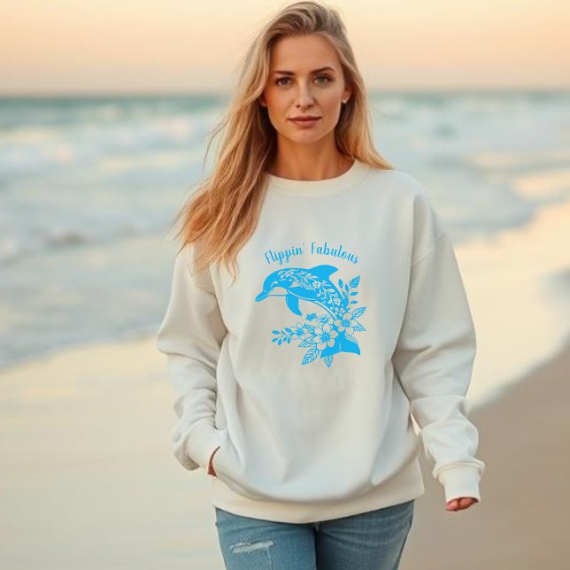 Moletom Hawaiian Dolphin Flippin' Fabuloso Light Blue (Hawaiian Dolphin Tropical Flowers, Fisherman Trending Fashion, Islander, Summer, Beach, Woman)