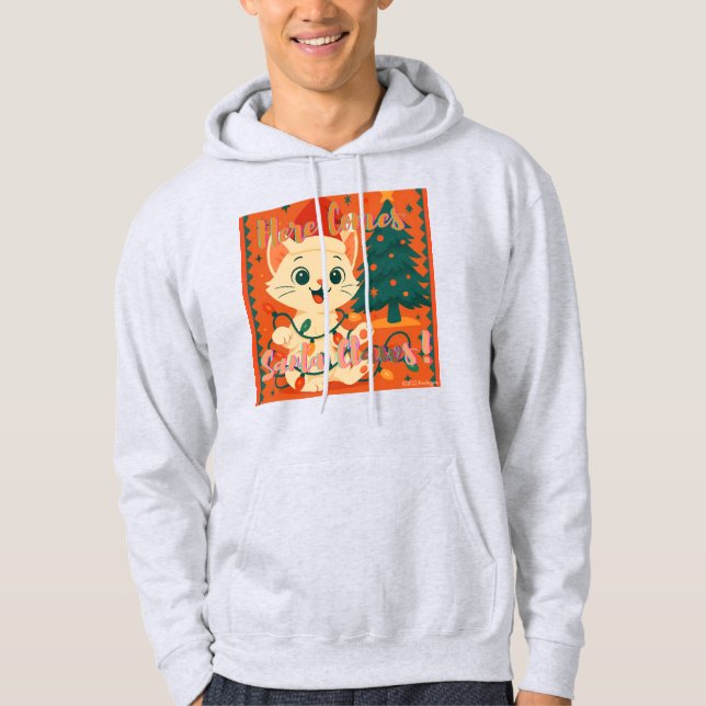 Moletom Here Comes Santa Claws! Funny Santa Cat (Frente)