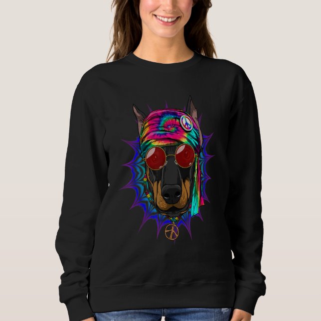 Moletom Hippie Doberman Pinscher Tie Dye Peace Sign Psyche (Frente)