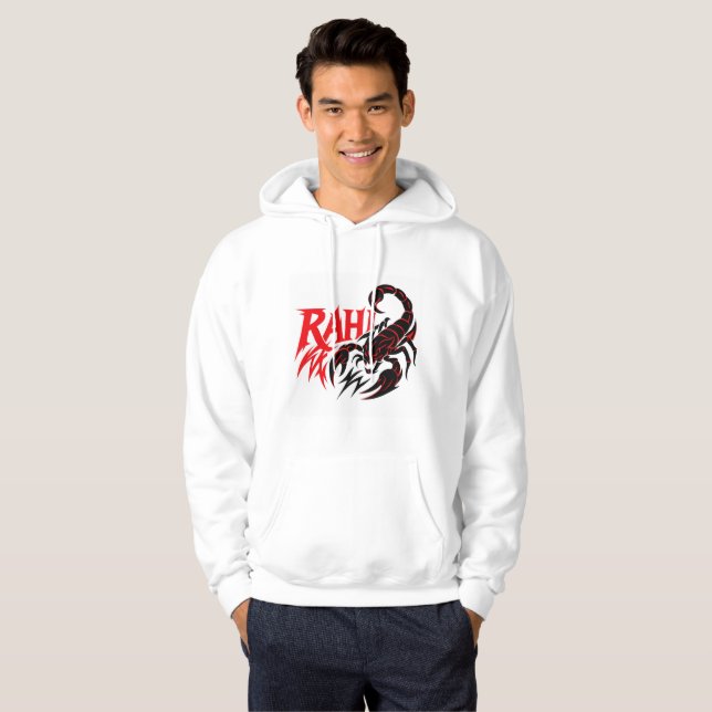 Moletom Homem Vestindo um Hoodie Branco com Design Scorpio (Frente Completa)