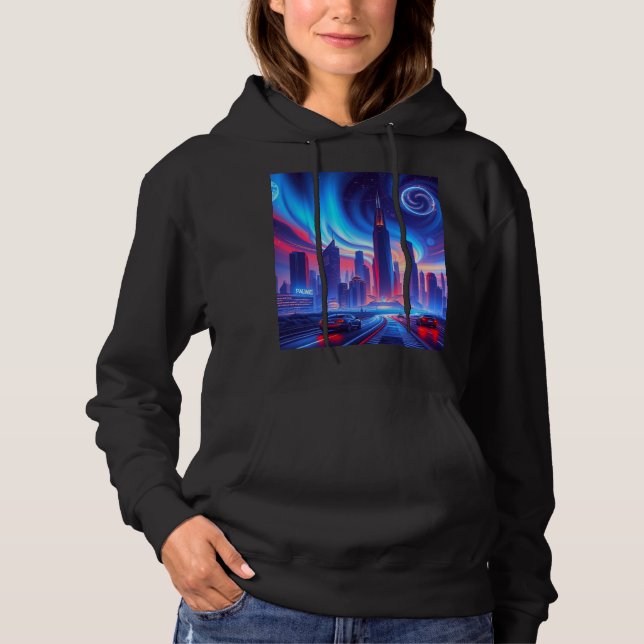 Moletom Hoodie de mulheres da cidade futurística (Frente)