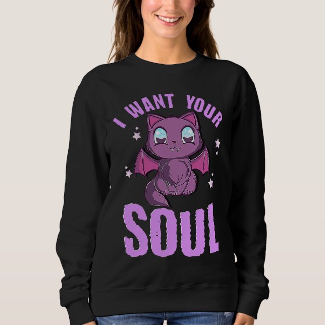 Moletom I Want Your Soul Funny Halloween Cute Black Cat Ba (Frente)