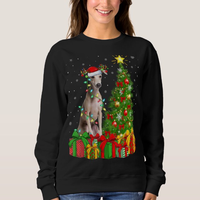 Moletom Iluminação Xmas Árvore Santa Hat Cão de Greyhound  (Frente)
