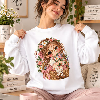 Moletom Ilustração Cottagecore de Menina Floral Fofa em Ce