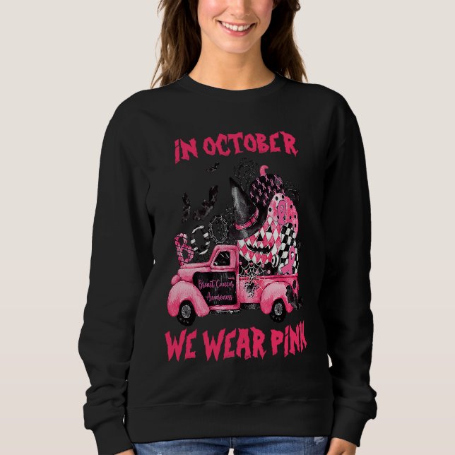 Moletom In October We Wear Pink Witch Truck Ribbon Pumpkin (Frente)