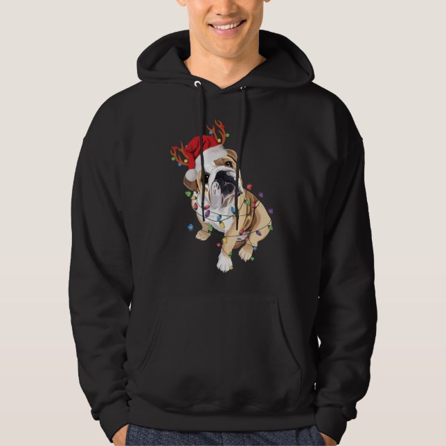 Moletom Inglês Buldogue Santa Hat Reindeer natal Light (Frente)