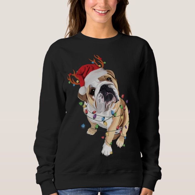 Moletom Inglês Buldogue Santa Hat Reindeer natal Light (Frente)