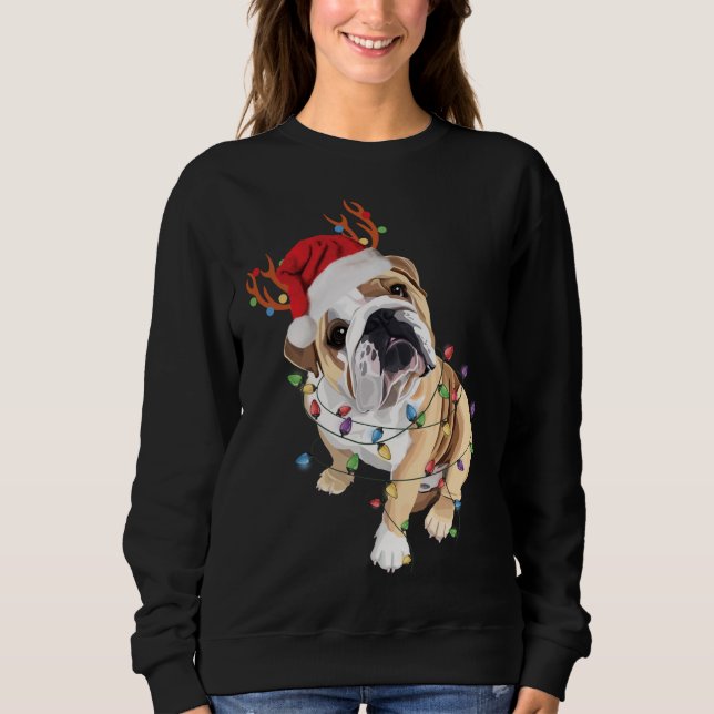 Moletom Inglês Buldogue Santa Hat Reindeer natal Light (Frente)