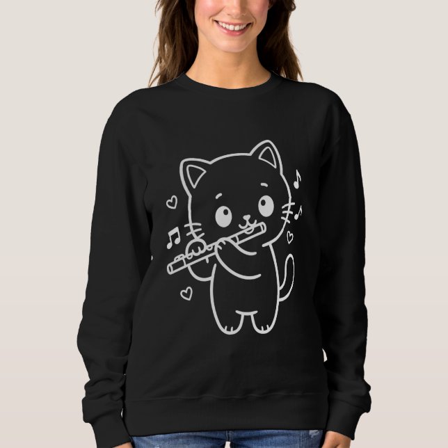 Moletom Instrumento Musical de Flauta Tocando Gato Kawaii (Frente)