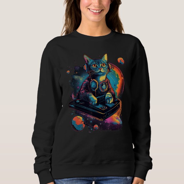 Moletom Intergalactic Cosmic DJ Cat Vibrant Retro Futurist (Frente)