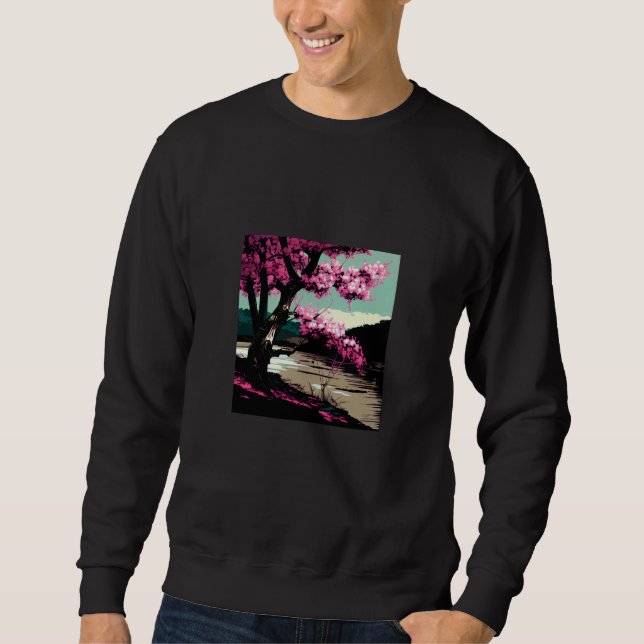 Moletom Japanese Cherry blossom next to a lake painting (Frente)