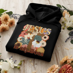 Moletom Jesus É o Meu Chefe – Cruz Cristã Floral Vintage
