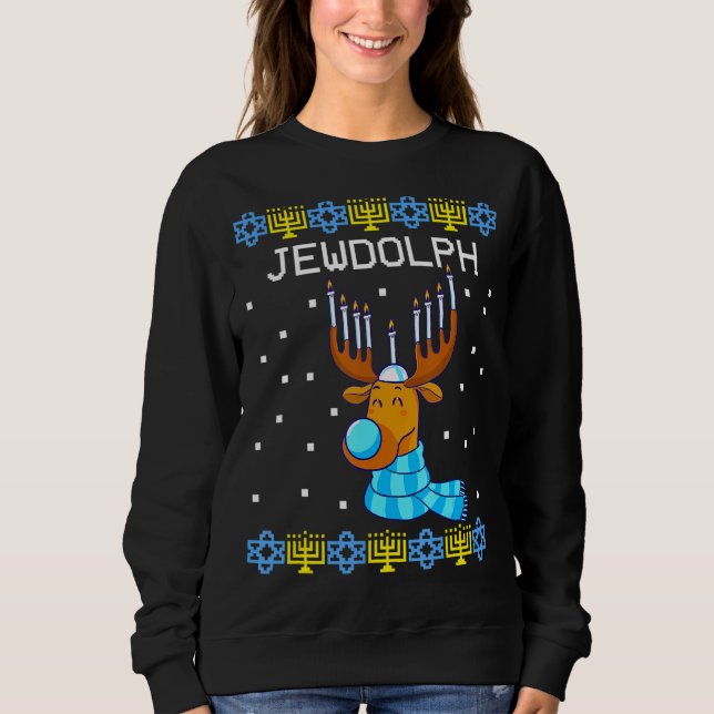 Moletom Jewdolph Ugly Hanukkah Sweater Reindeer Menorah Ch (Frente)