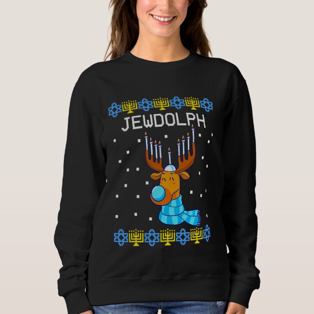 Moletom Jewdolph Ugly Hanukkah Sweater Reindeer Menorah Ch (Frente)
