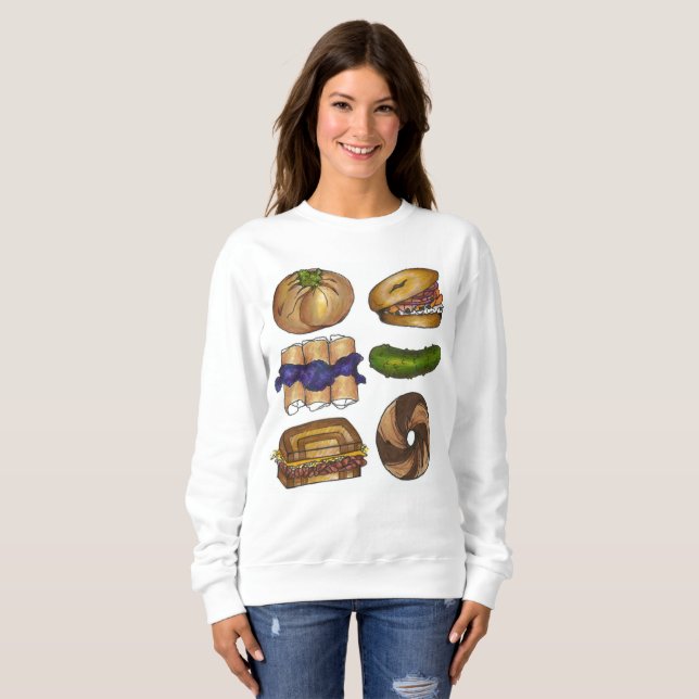 Moletom Jewish Deli Comida Bagel Blintz Pickle Sweatshirt (Frente Completa)