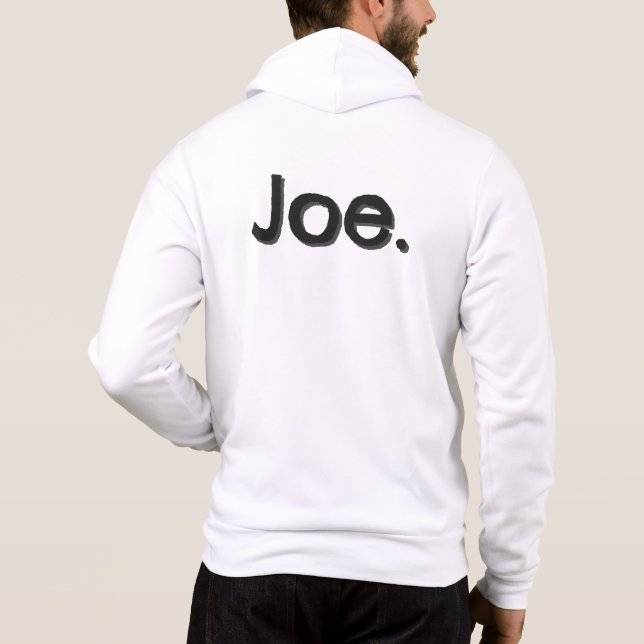 Moletom Joe. Palavra Nome em letras pretas sobre branco (Verso)