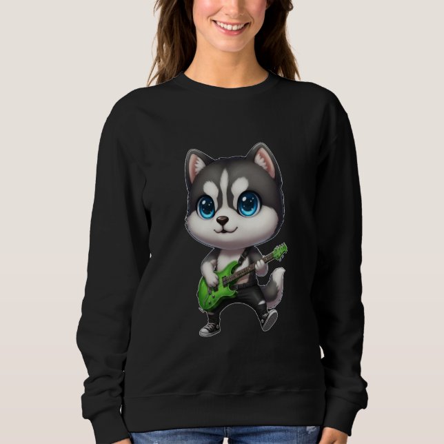Moletom Kawaii Chibi Siberiano Engraçado Husky Tocando Gui (Frente)