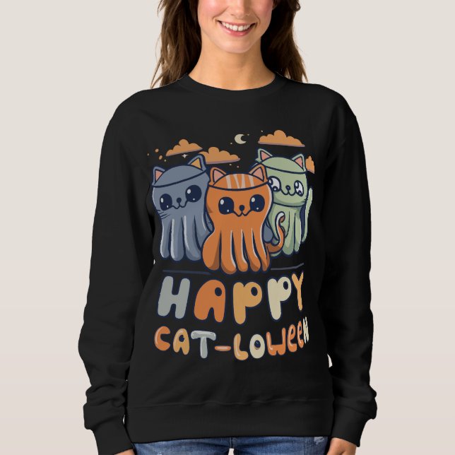 Moletom Kawaii Ghost Cats Happy Cat-loween Pun (Frente)