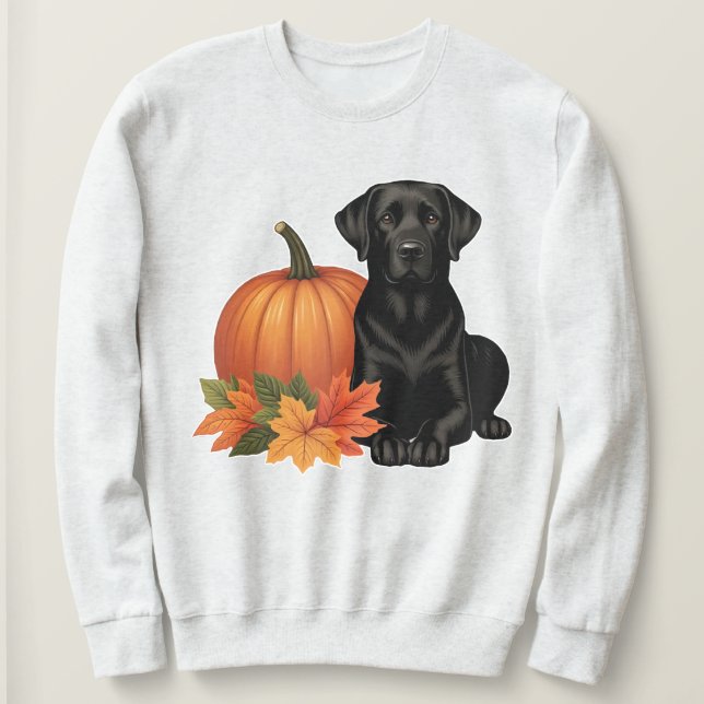 Moletom Labrador preto com folhas de outono e abóbora (Frente do Design)
