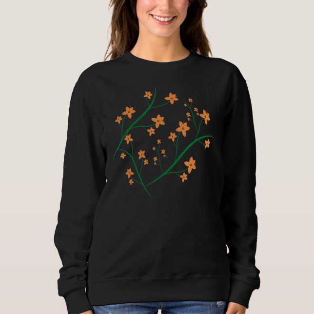 Moletom Laranja Flores Verdes Ramificações Gráficas Design (Frente)