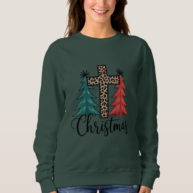 Moletom Leopardo Cruz Árvores de Natal Cristão  (Frente)